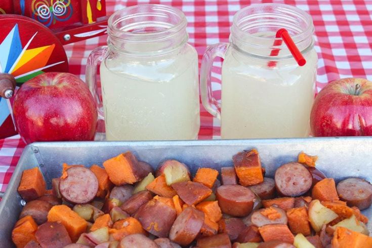 Sweet potato hash on a red-checkered table cloth.