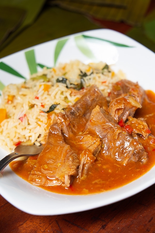 Plate of beefin red sauce with white rice in Costa Rica