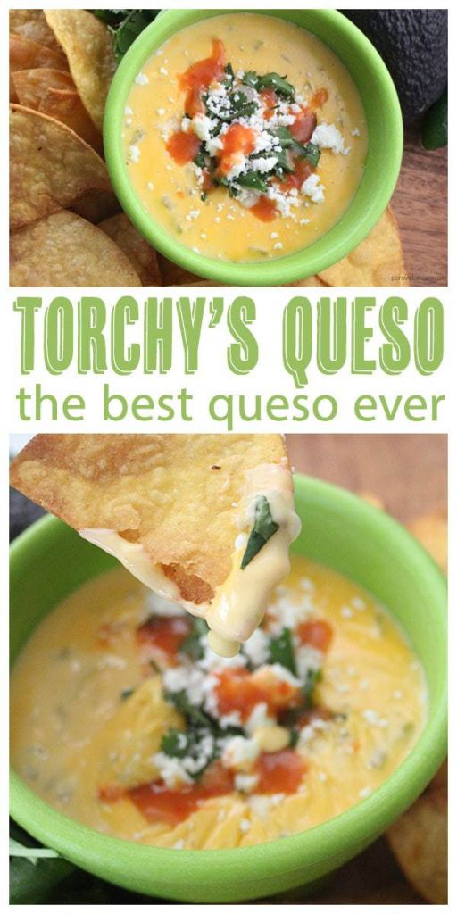 dipping a tortilla into the dip with another image of the dip and a serving bowl on top.